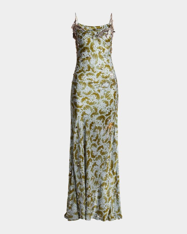 Deryl Cowl-Neck Long Studded Silk Dress